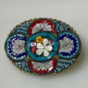 Antique 1920s Italian Micro Mosaic Floral Brooch – Oval, 1.25”